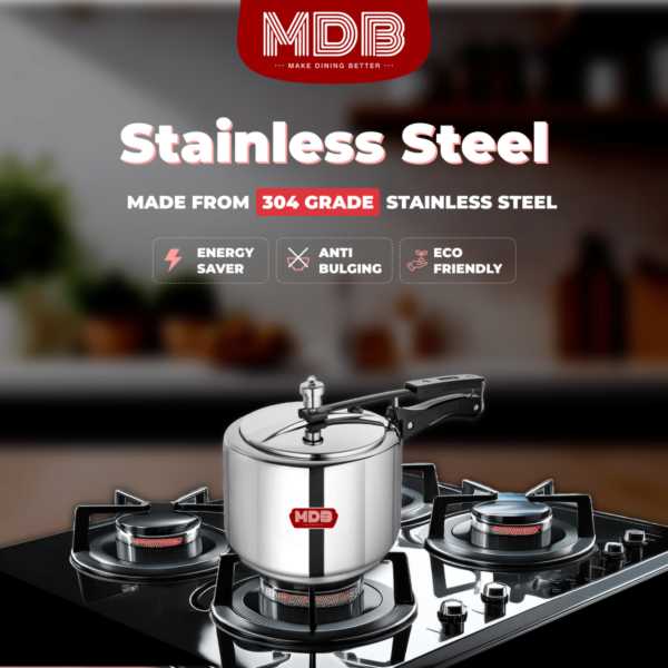 MDB Plain Stainless Steel Pressure Cooker, Gas and Induction Compatible with SS Inner Lid - Image 6