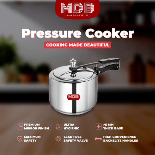 MDB Plain Stainless Steel Pressure Cooker, Gas and Induction Compatible with SS Inner Lid - Image 8
