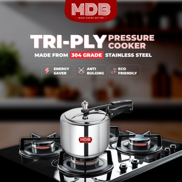 MDB Plain Tri-Ply Pressure Cooker, Gas and Induction Compatible with SS Inner Lid - Image 5