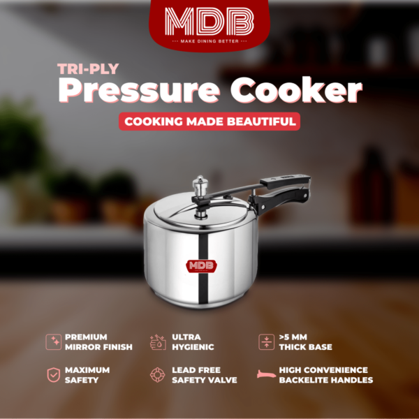 MDB Plain Tri-Ply Pressure Cooker, Gas and Induction Compatible with SS Inner Lid - Image 6